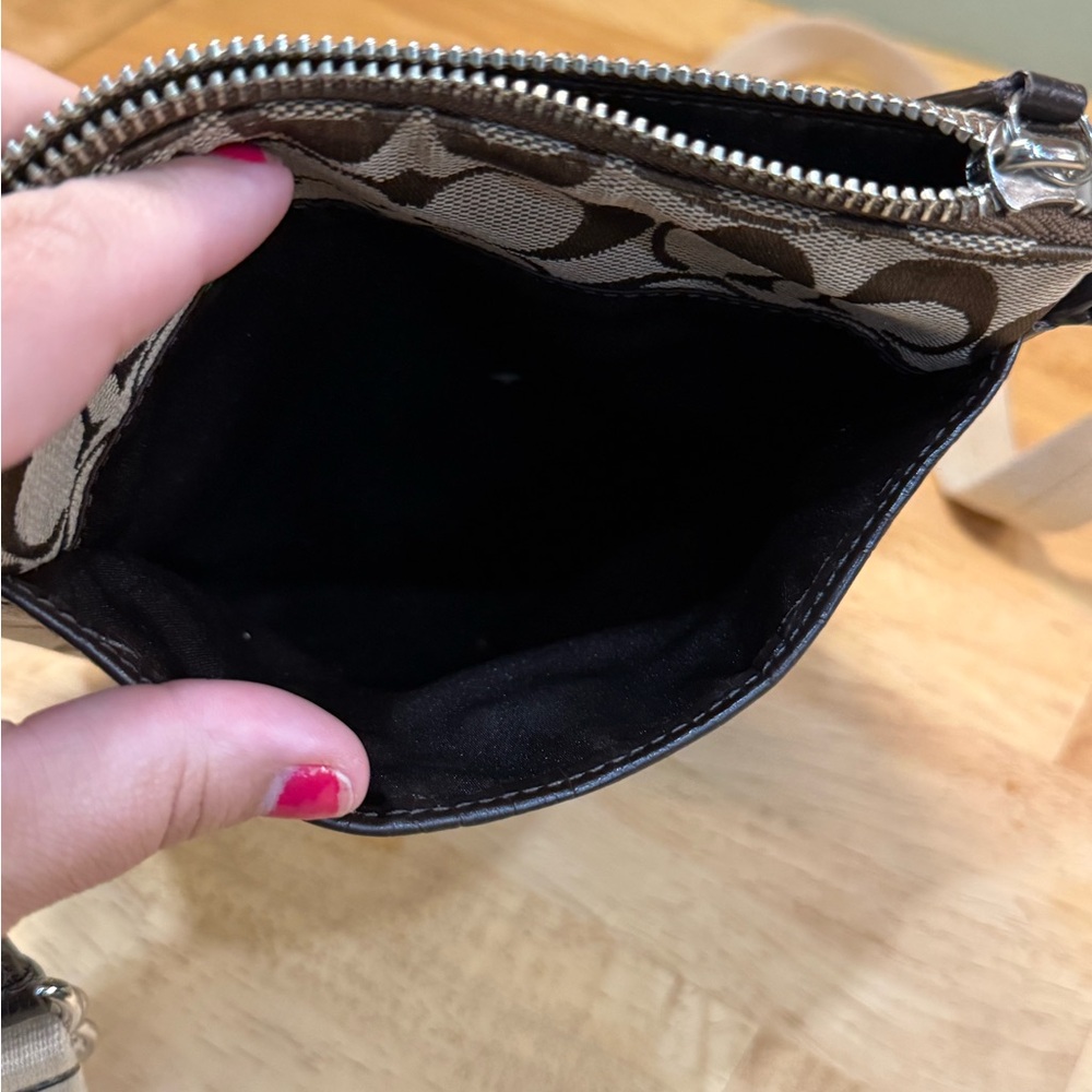 Coach Signature C Brown Tan Crossbody Bag | Leather Trim Small Purse Zip Top - Picture 11 of 12